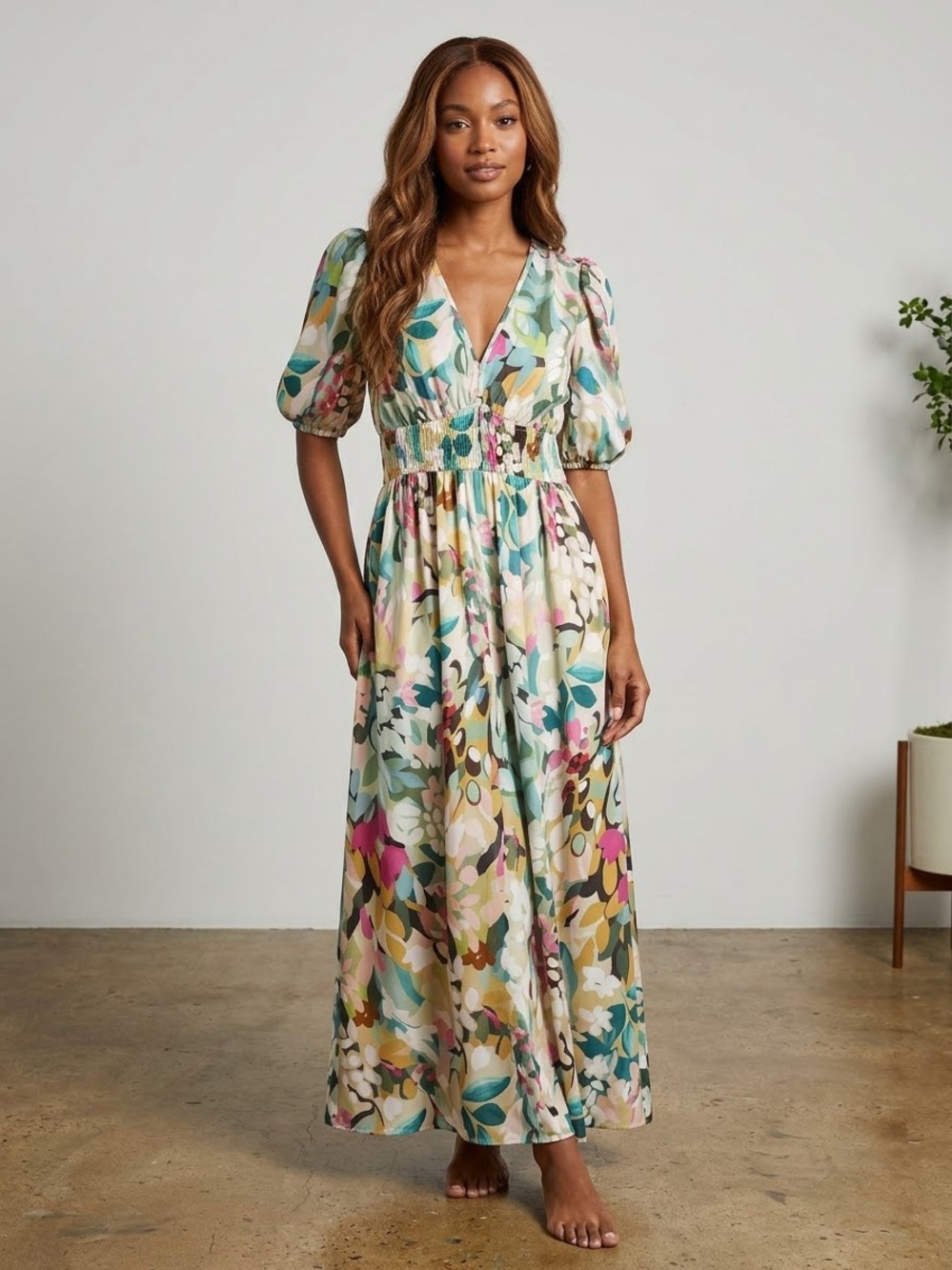 Floral V-Neck Maxi Dress, Women’s Size Medium, Turquoise, Pink, Yellow, and more